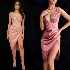 House of CB Faye Rose Satin Pleated Midi Dress Size S Small